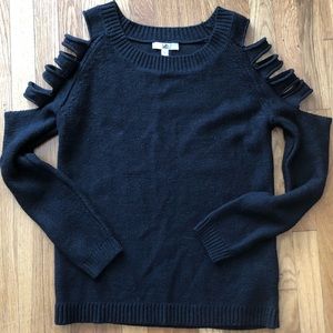 Shredded cold shoulder sweater